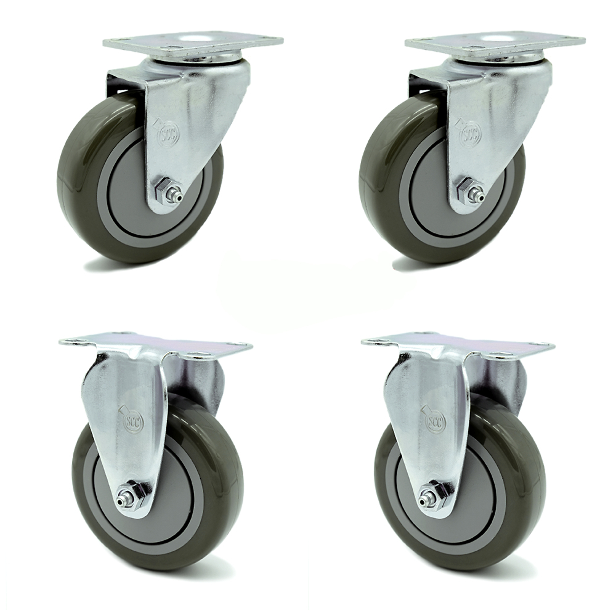 Service Caster, Plate Casters, Caster Type 2 Swivel, Caster Type 2 Rigid, Wheel Material Gray Non-Marking Poly-on-Poly, Wheel Width 1.25 in, Package (qty.) 4, Finish Type Bright Zinc Plated Finish, Bearing Type Sealed